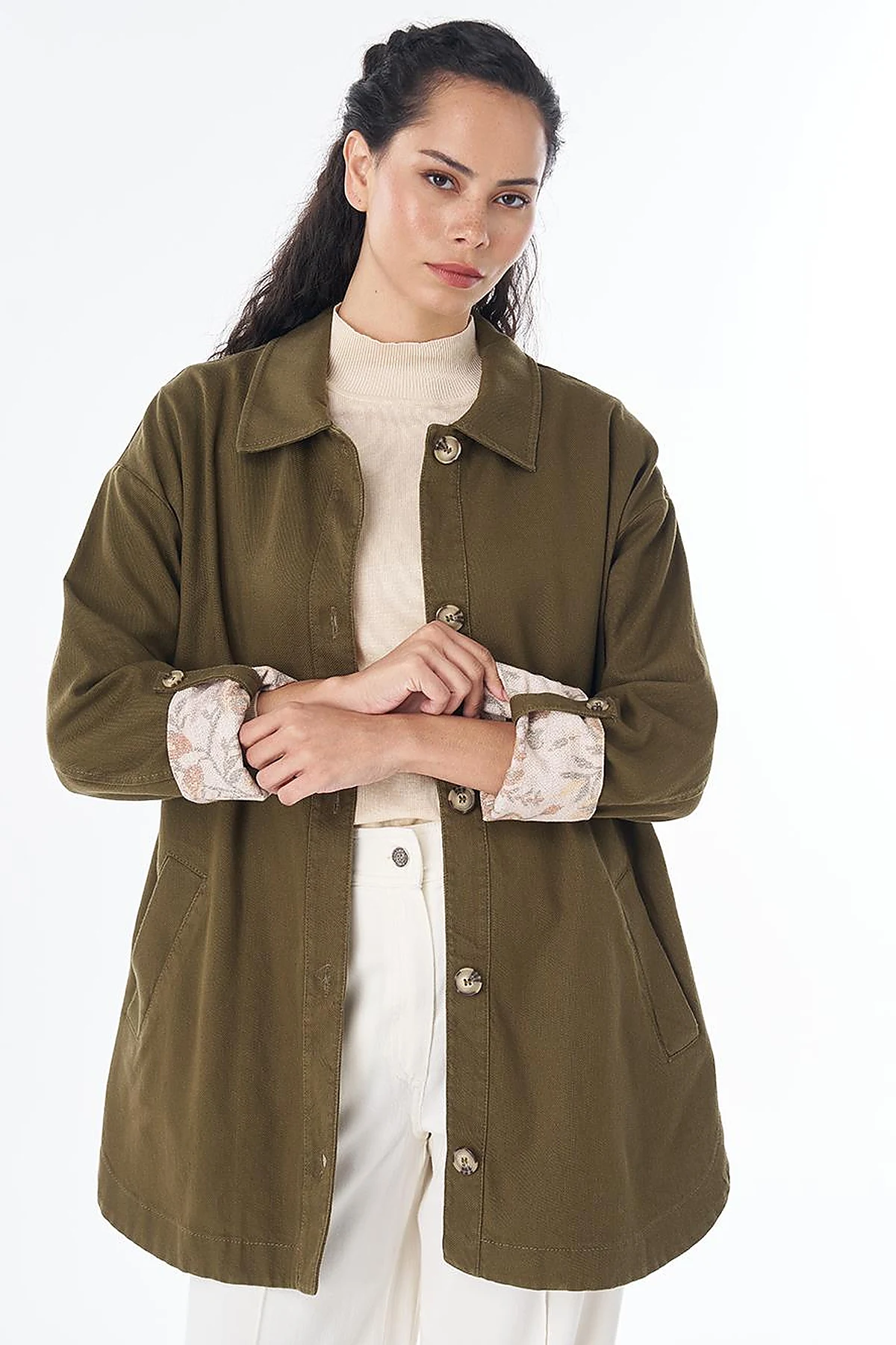 Button-Front Non-Denim Jacket – Dark Khaki