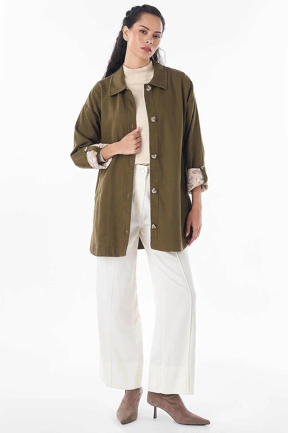 Button-Front Non-Denim Jacket – Dark Khaki