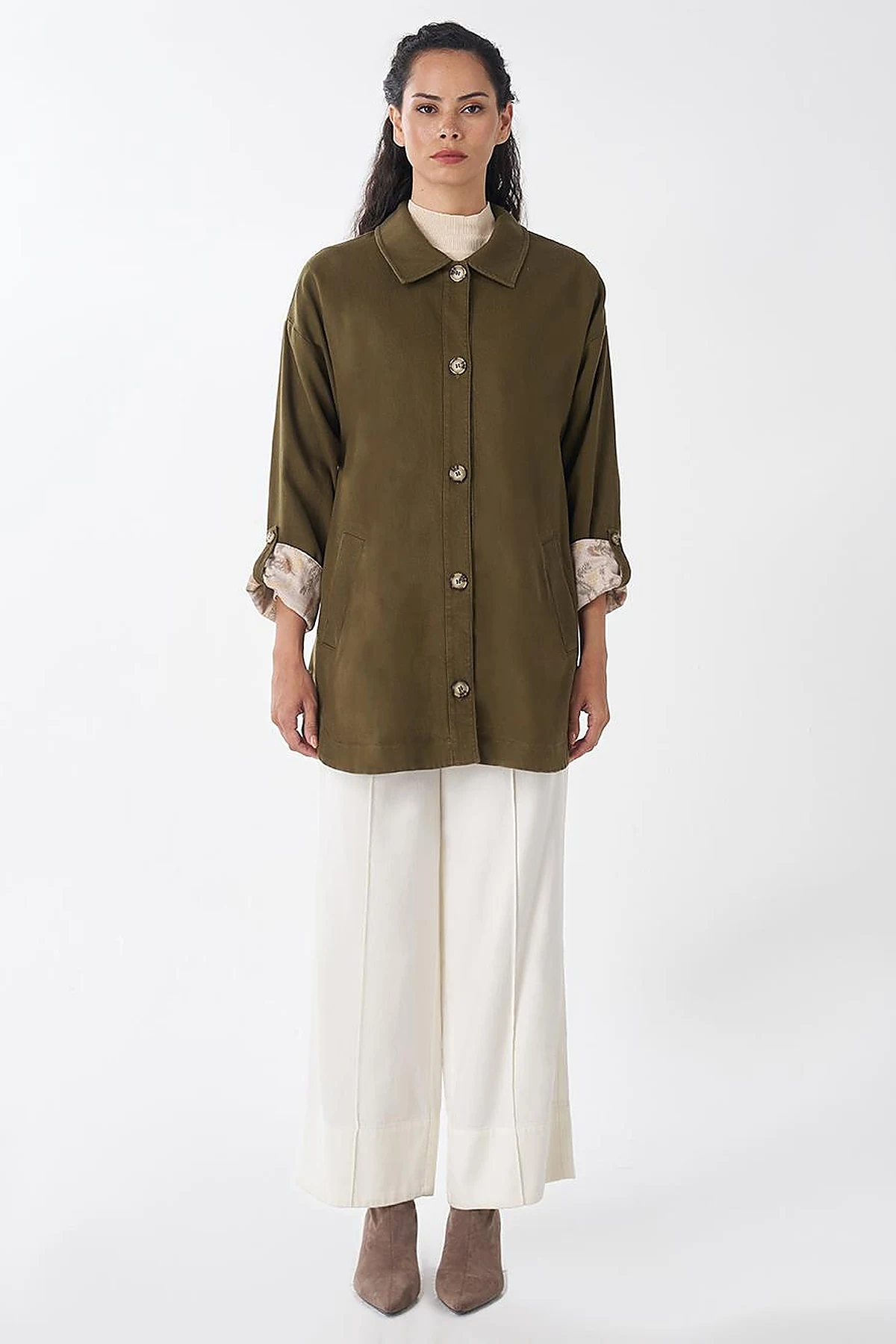 Button-Front Non-Denim Jacket – Dark Khaki