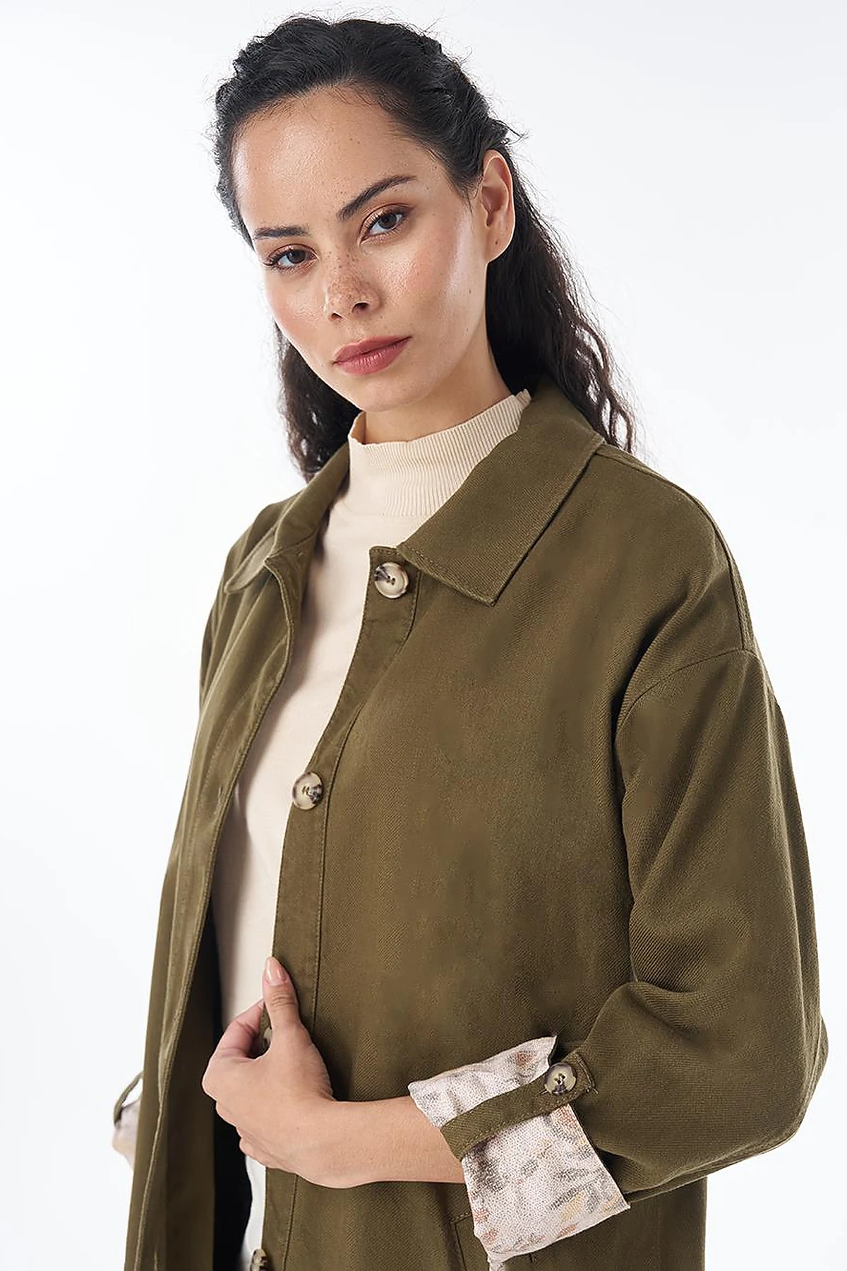 Button-Front Non-Denim Jacket – Dark Khaki