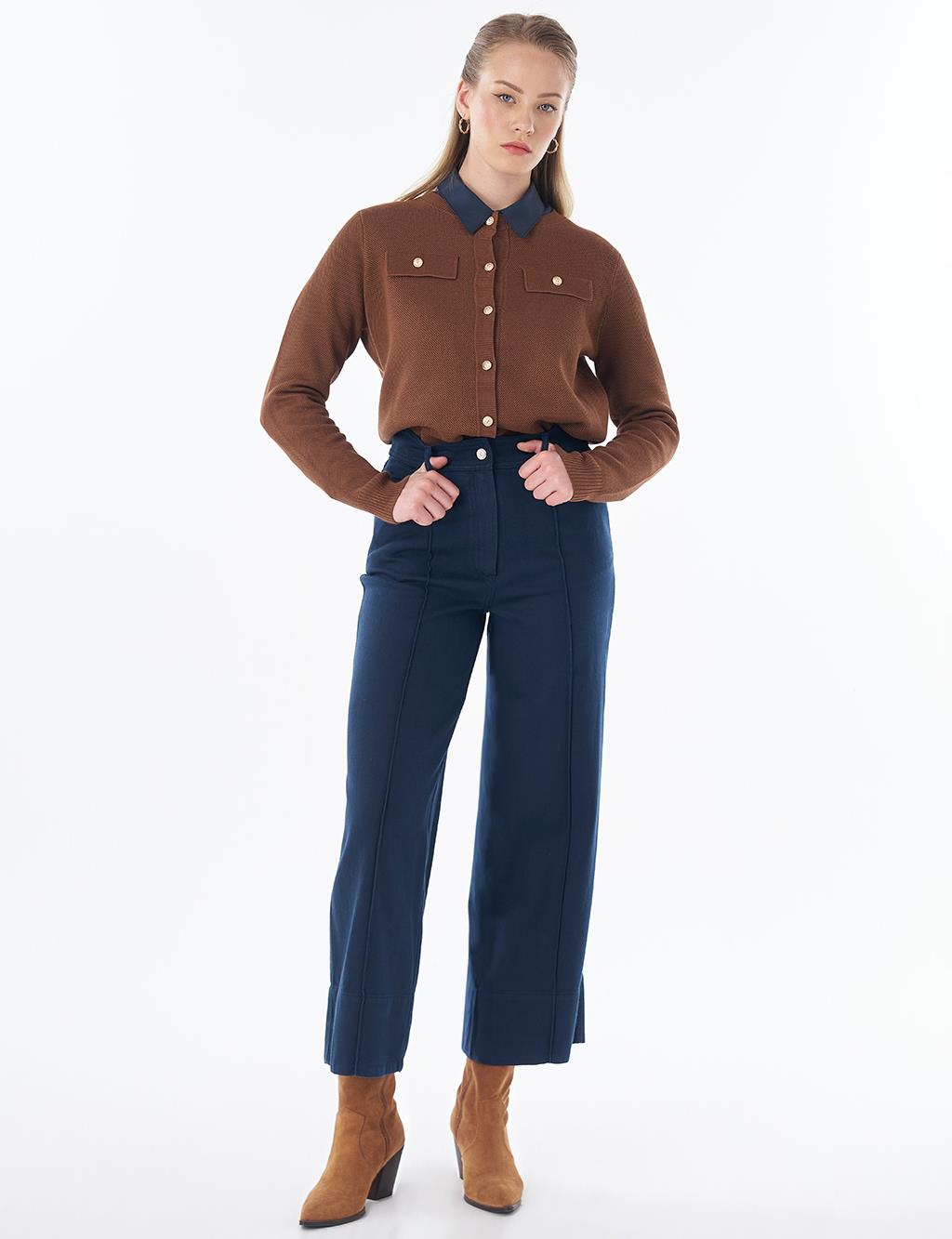 Topstitched Lyocell Trousers – Dark Navy
