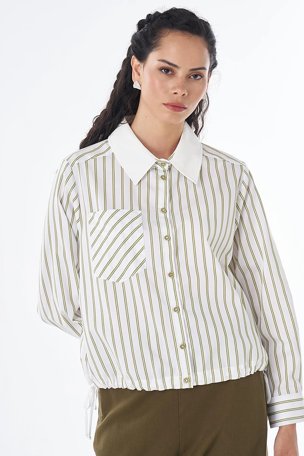 Lace-Up Detail Cotton Blouse - Khaki
