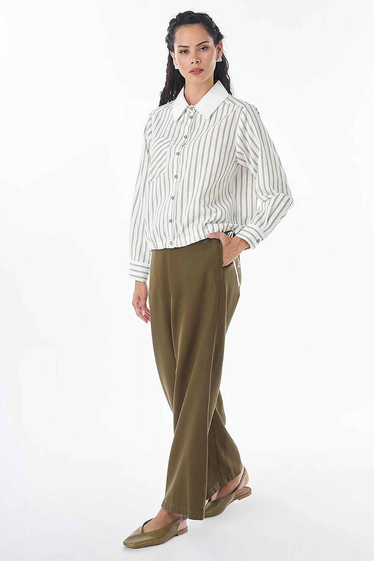 Lace-Up Detail Cotton Blouse - Khaki