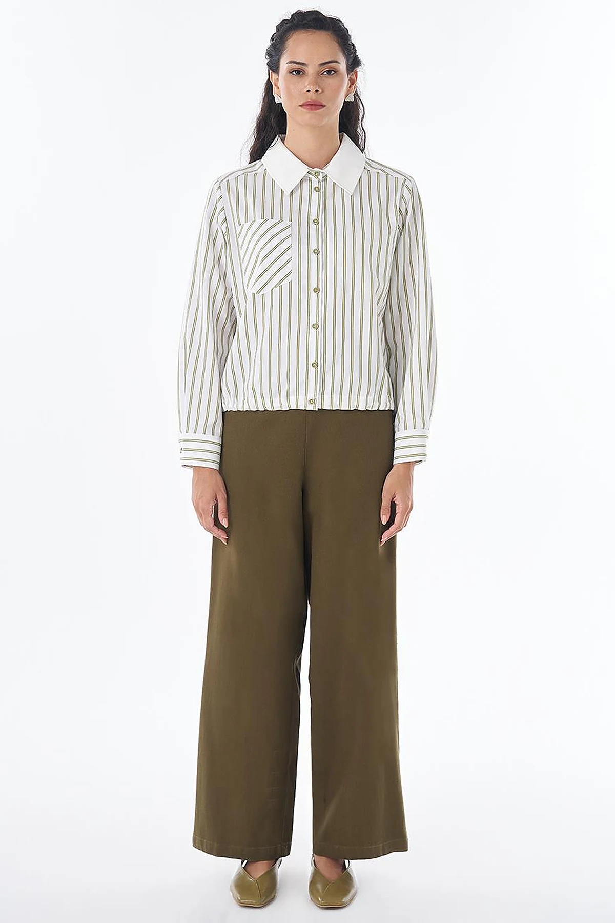 Lace-Up Detail Cotton Blouse - Khaki