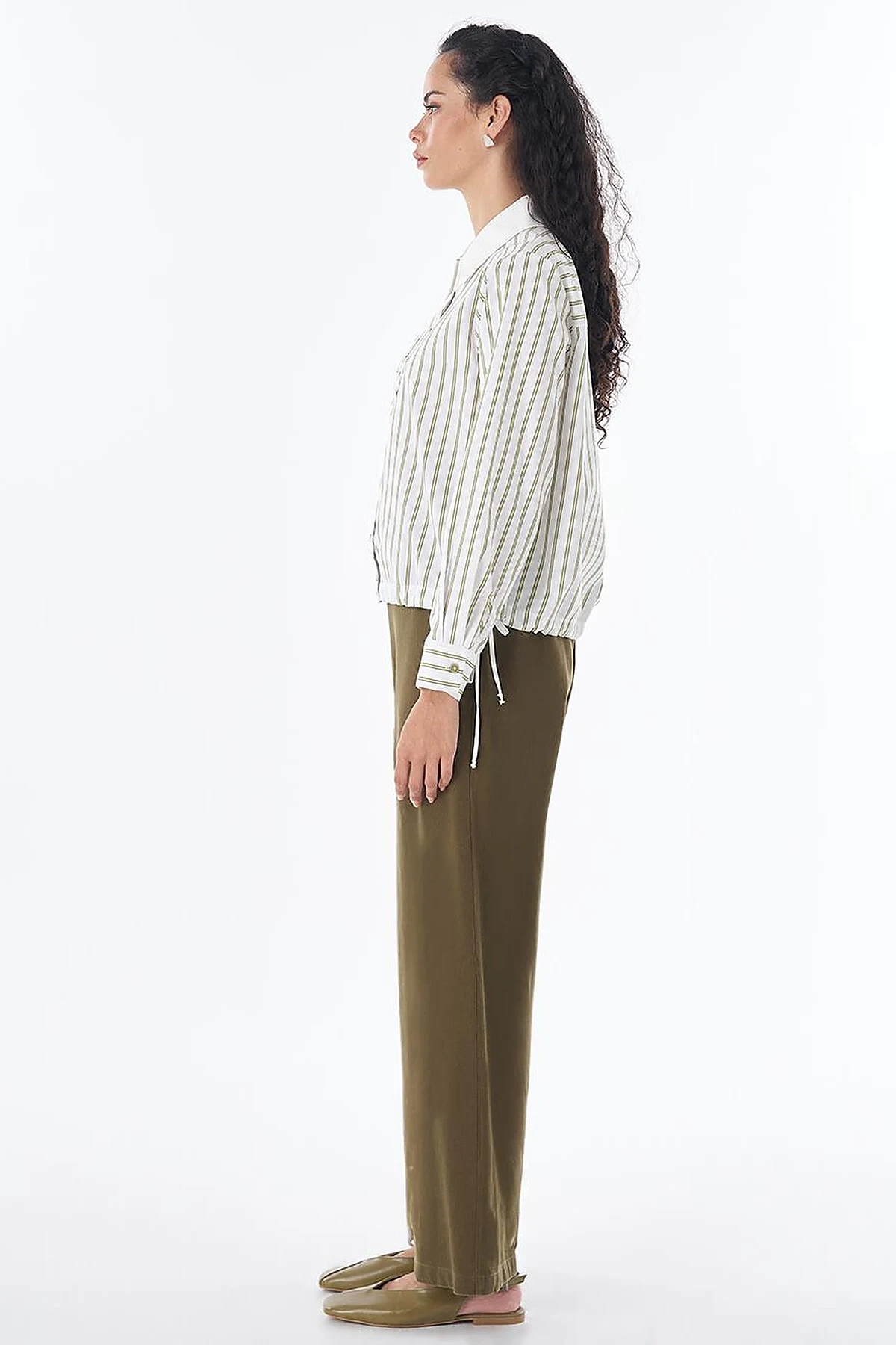 Lace-Up Detail Cotton Blouse - Khaki