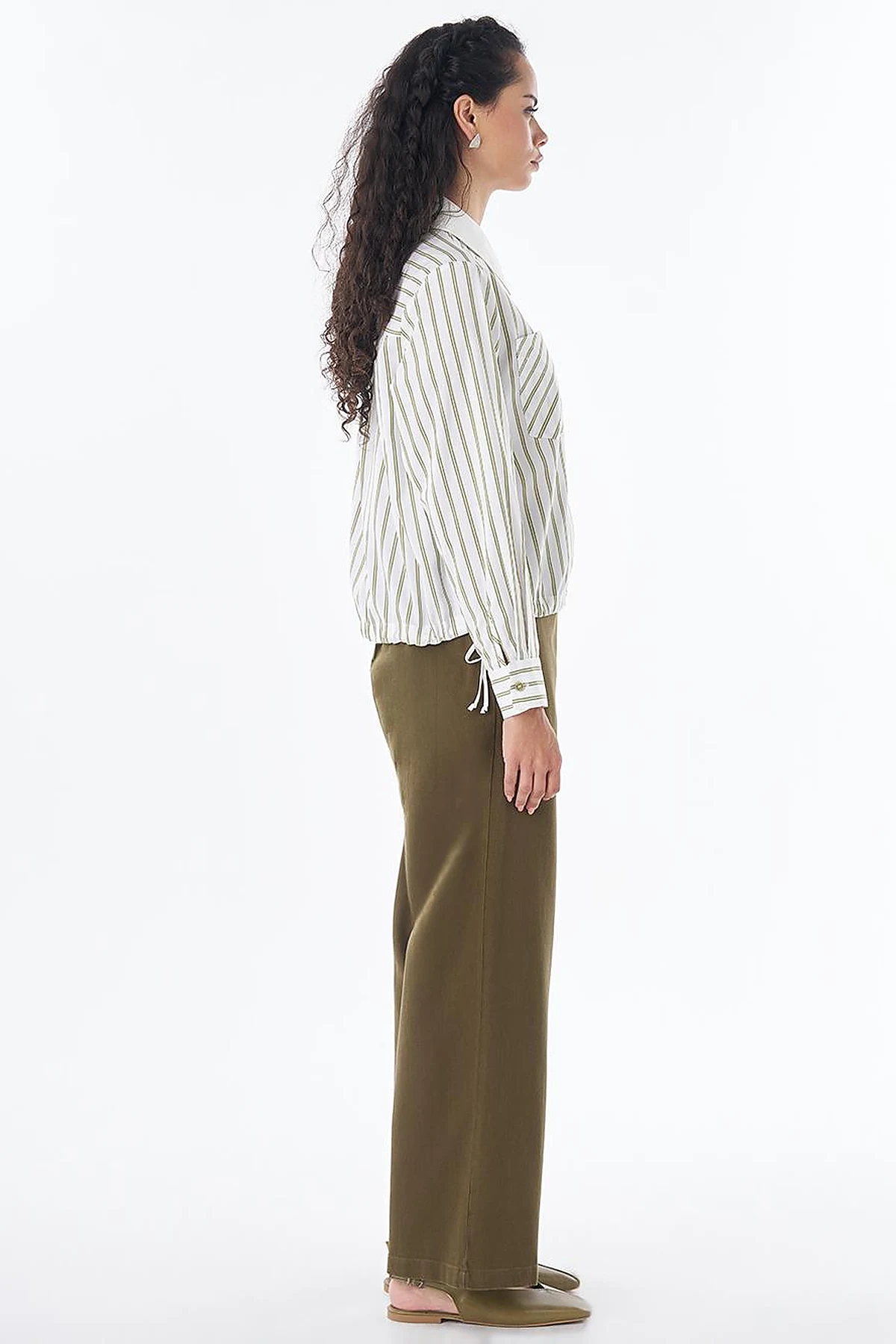 Lace-Up Detail Cotton Blouse - Khaki
