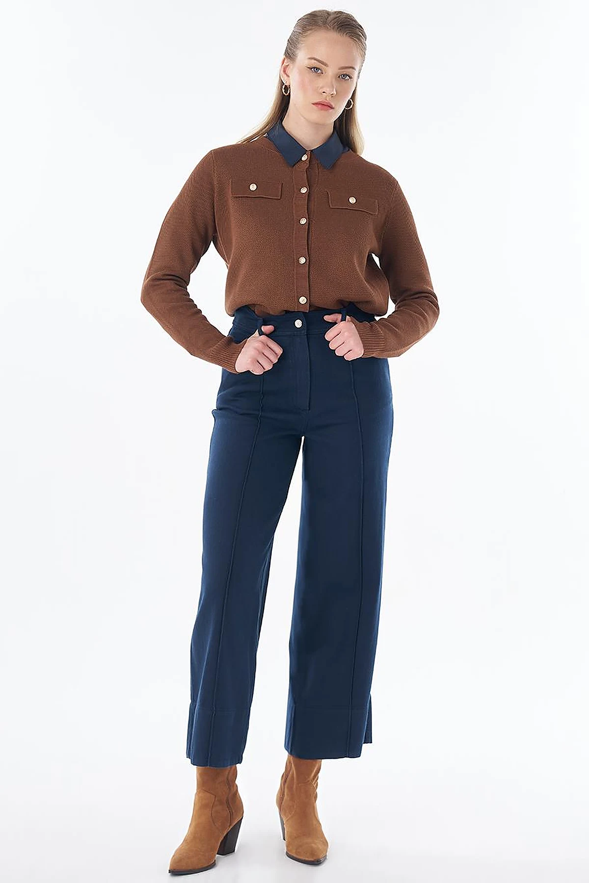 Topstitched Lyocell Trousers – Dark Navy