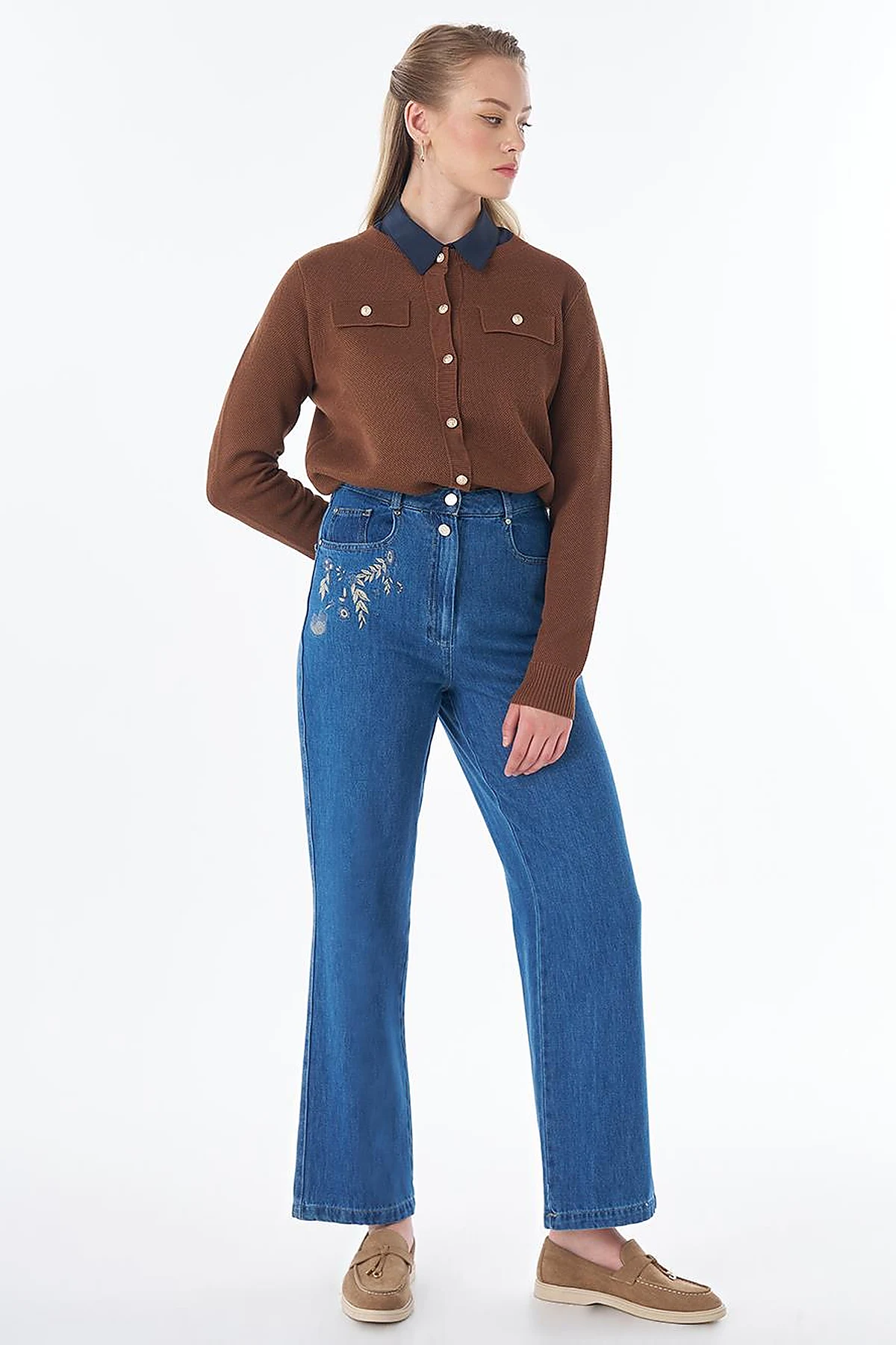 Washed Embroidered Trousers Blue