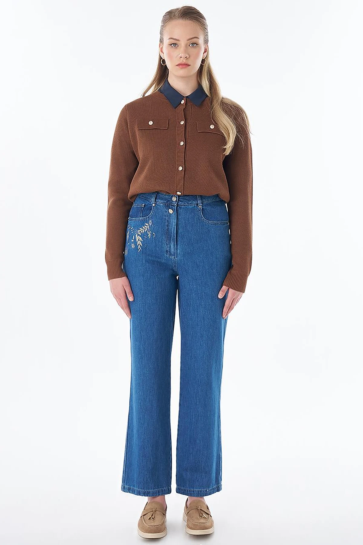 Washed Embroidered Trousers Blue