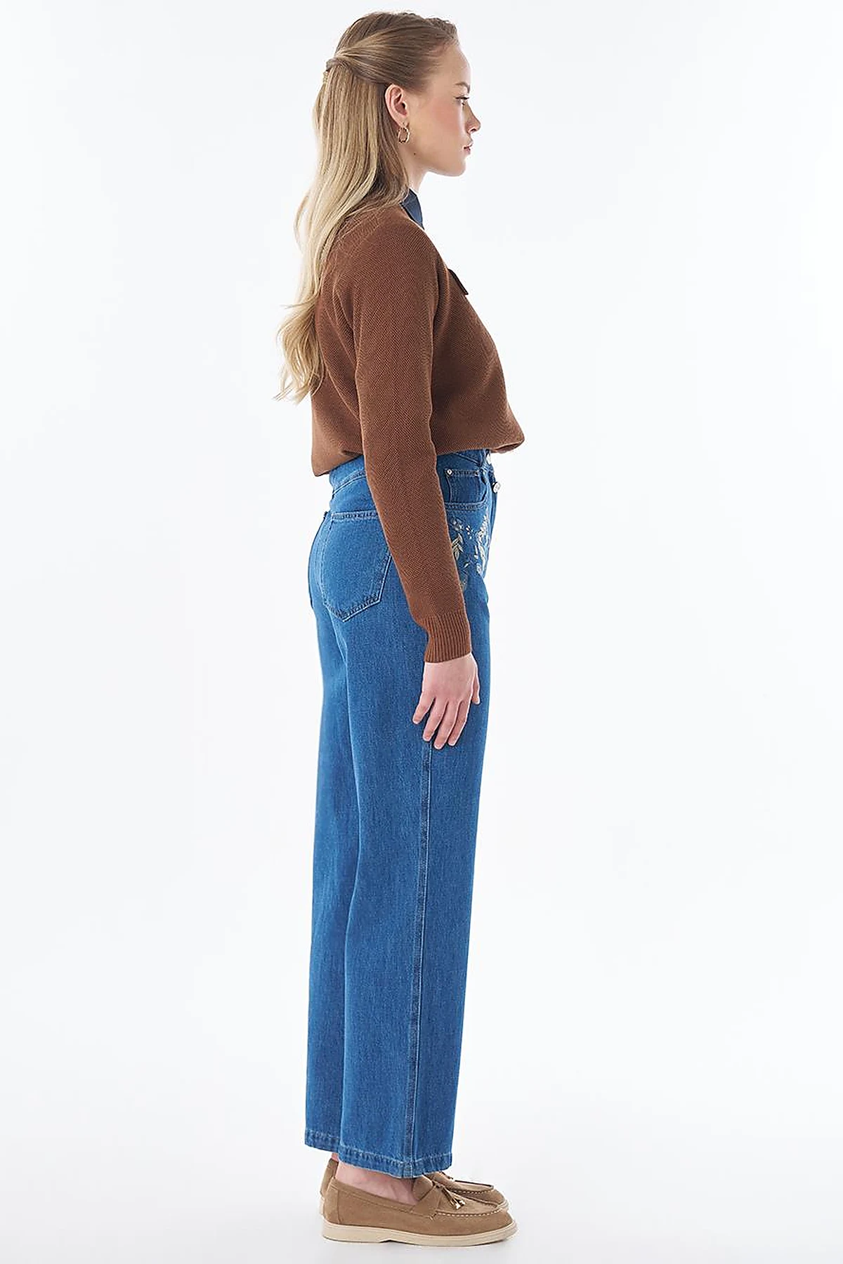 Washed Embroidered Trousers Blue