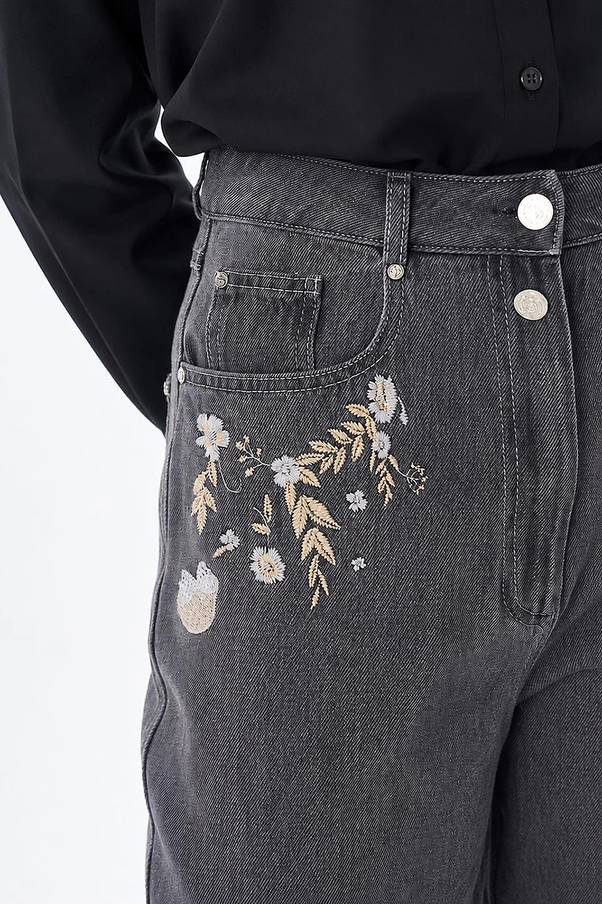 Washed Embroidered Trousers Black