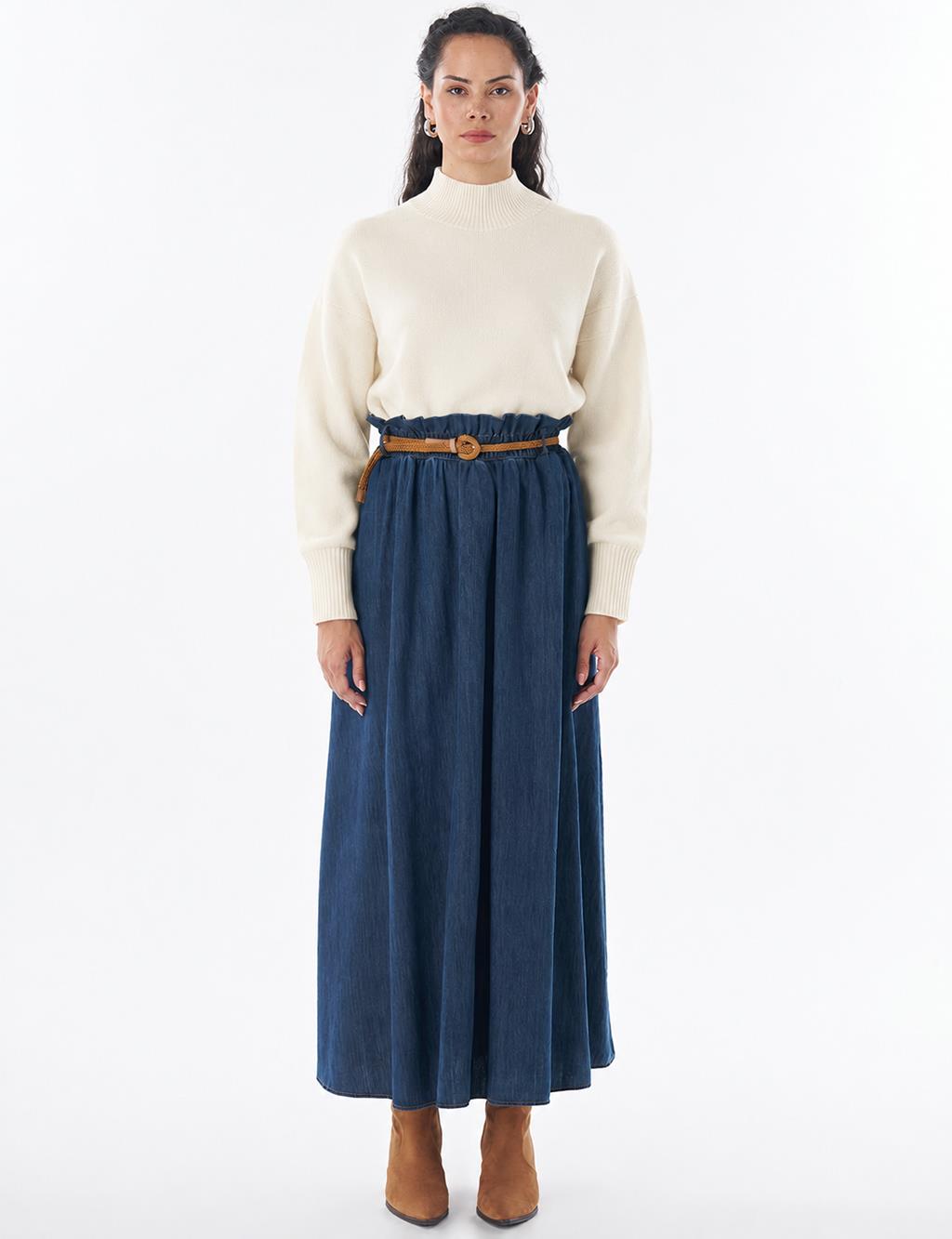 Belt-Detail Denim Skirt - Indigo