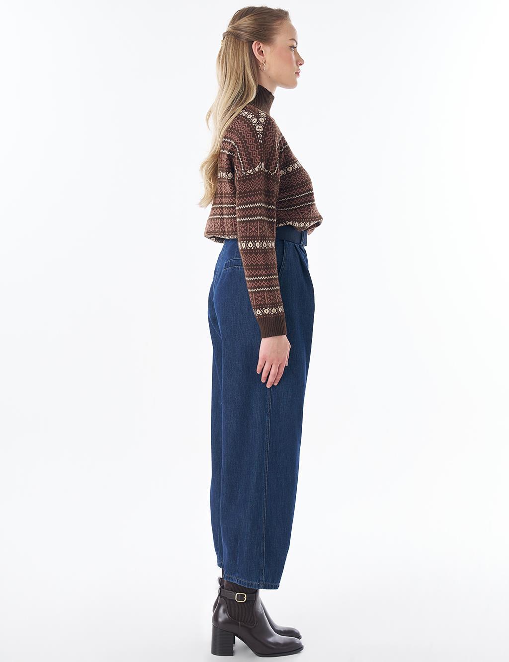 Belt-Detail Denim Pants - Navy