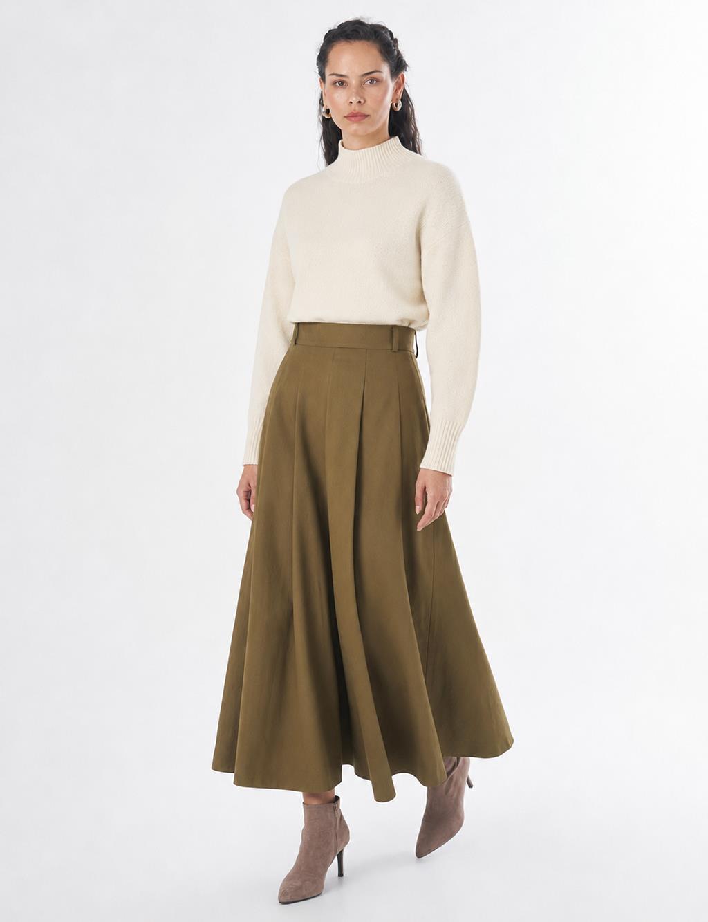 High-Waisted Pleated Skirt - Khaki