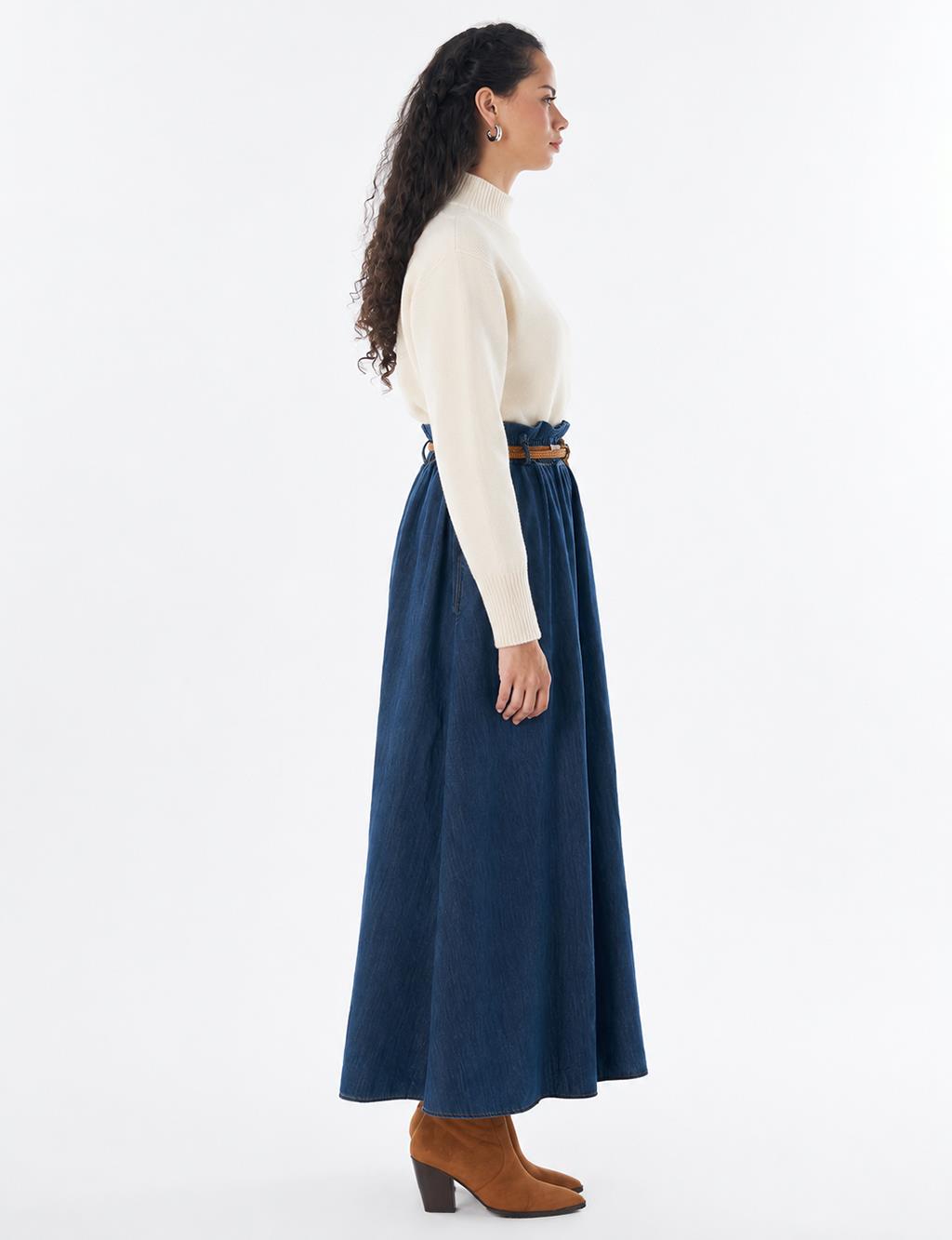 Belt-Detail Denim Skirt - Indigo
