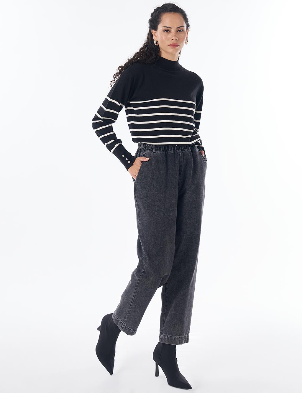 Elastic-Waist Denim Pants Black