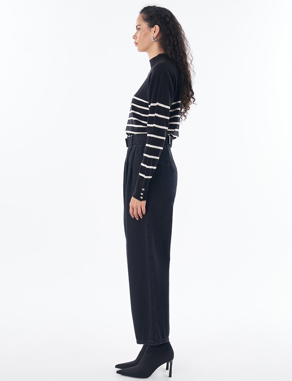 Belt-Detail Denim Pants - Black