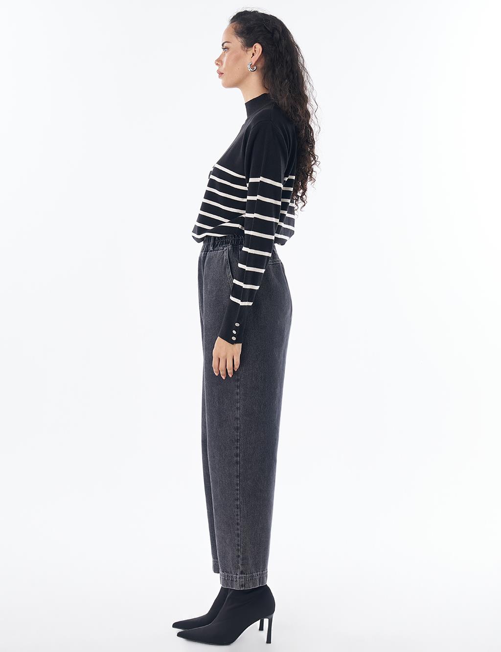 Elastic-Waist Denim Pants Black
