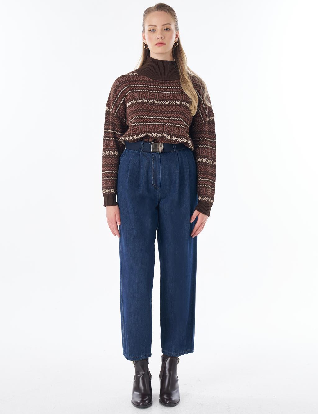Belt-Detail Denim Pants - Navy