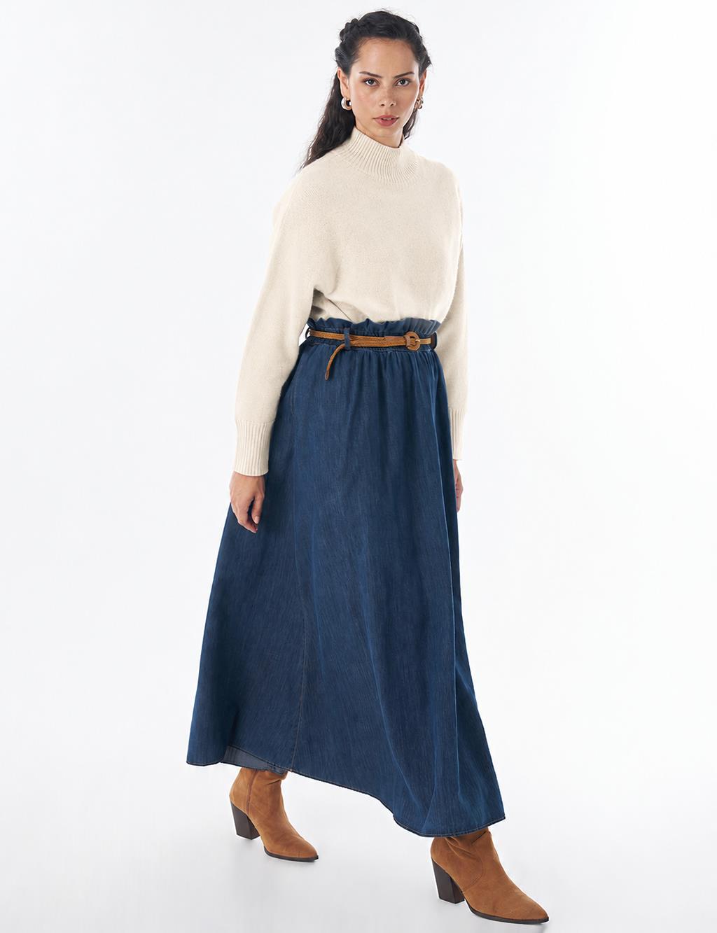 Belt-Detail Denim Skirt - Indigo