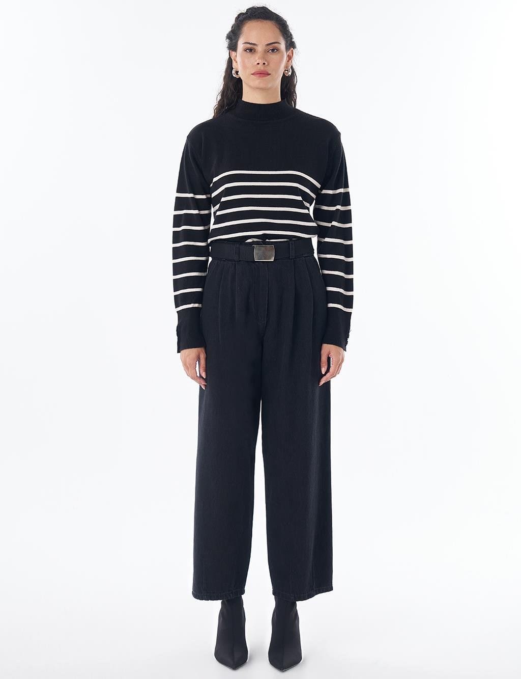 Belt-Detail Denim Pants - Black
