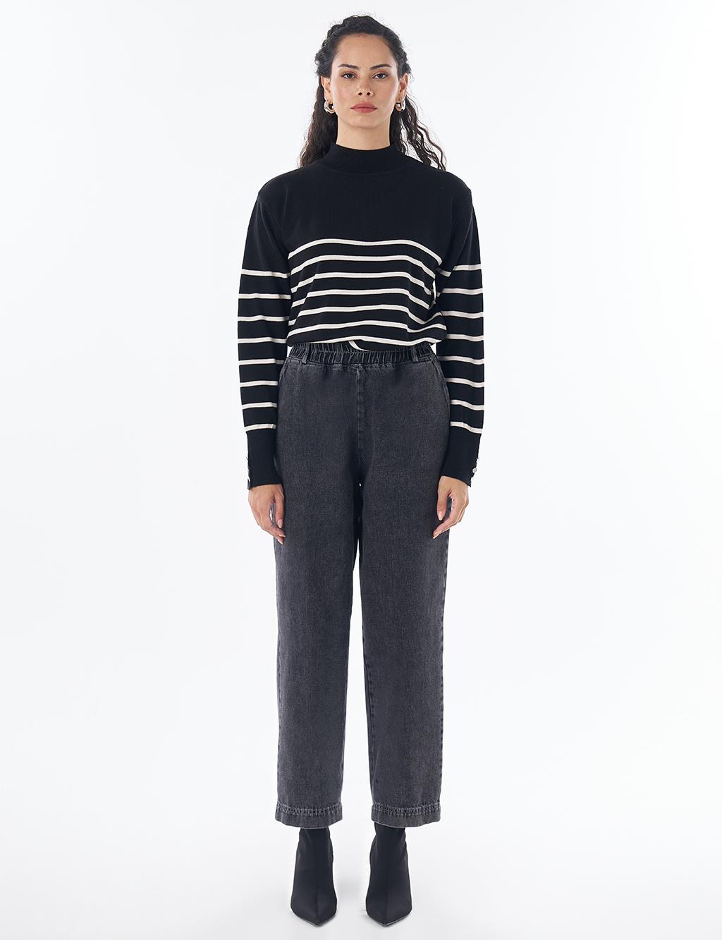 Elastic-Waist Denim Pants Black