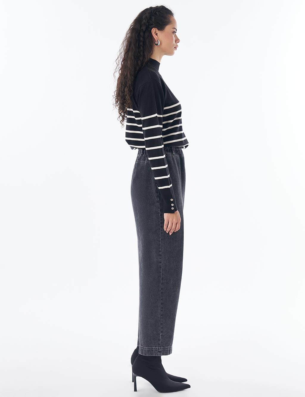 Elastic-Waist Denim Pants Black