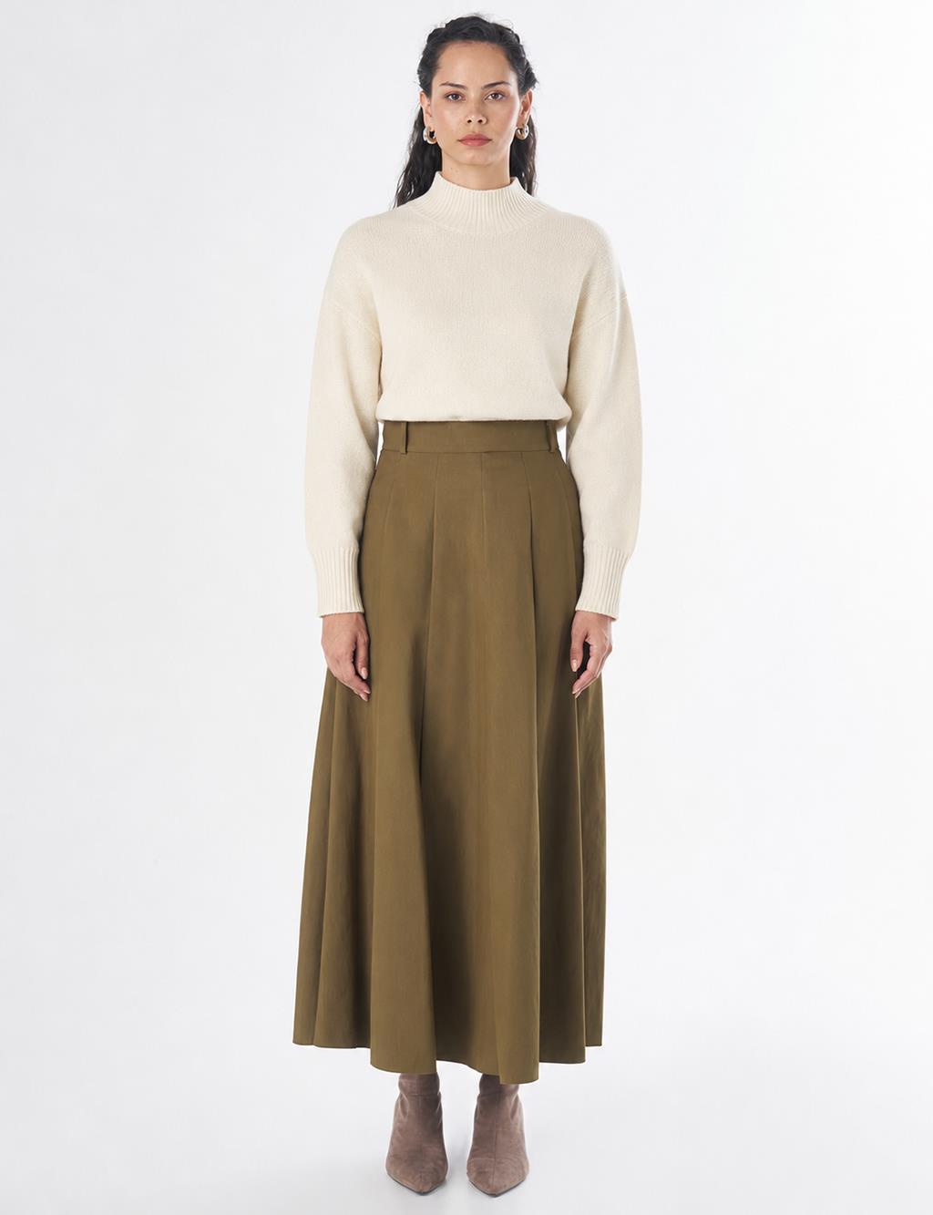 High-Waisted Pleated Skirt - Khaki
