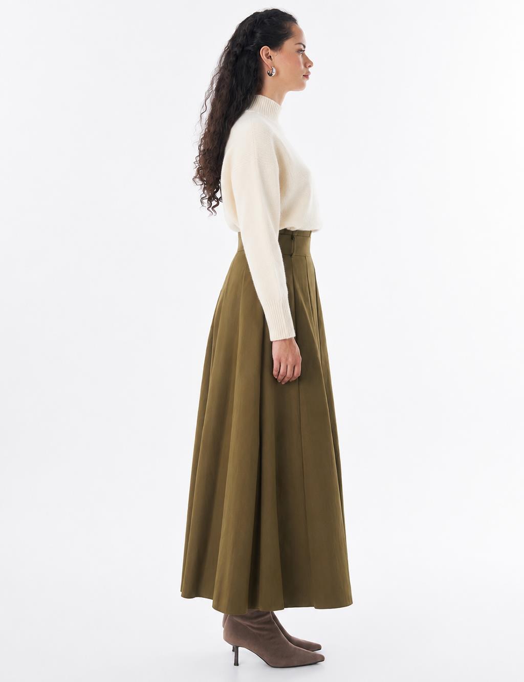 High-Waisted Pleated Skirt - Khaki