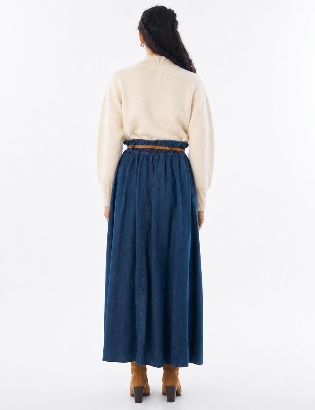 Belt-Detail Denim Skirt - Indigo