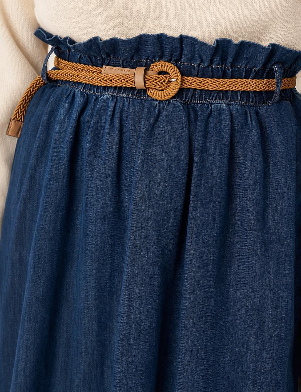 Belt-Detail Denim Skirt - Indigo