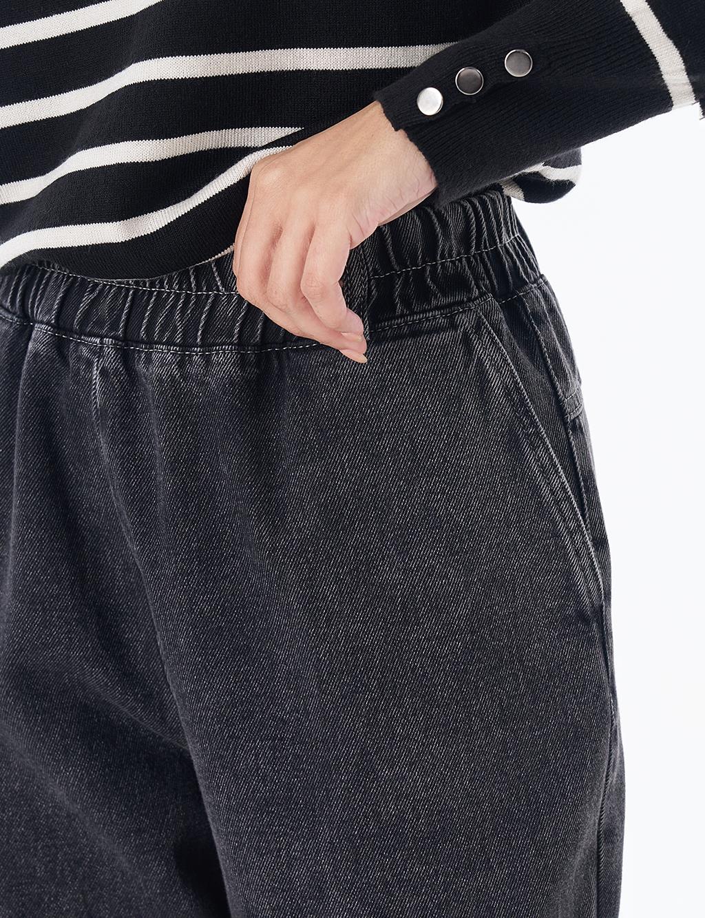 Elastic-Waist Denim Pants Black