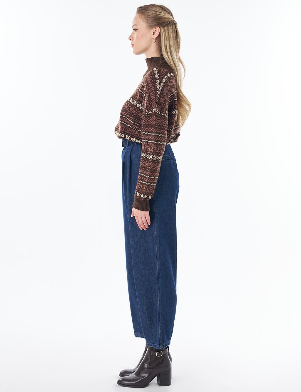 Belt-Detail Denim Pants - Navy