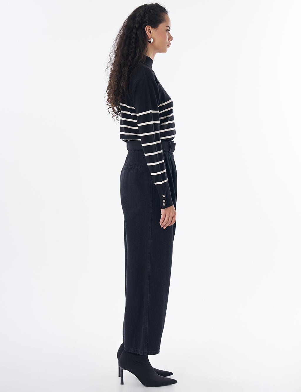 Belt-Detail Denim Pants - Black