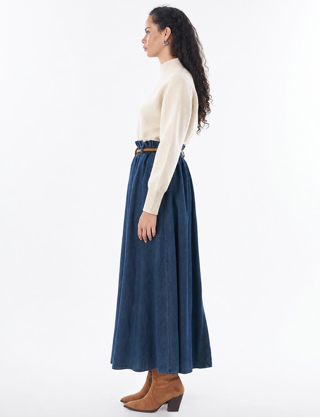 Belt-Detail Denim Skirt - Indigo