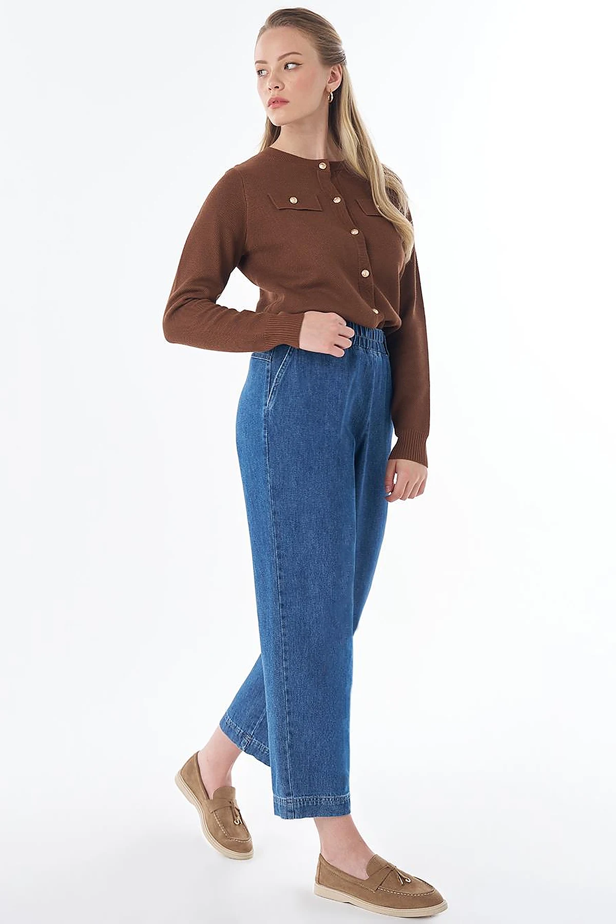 Elastik Bel Denim Pantolon İndigo