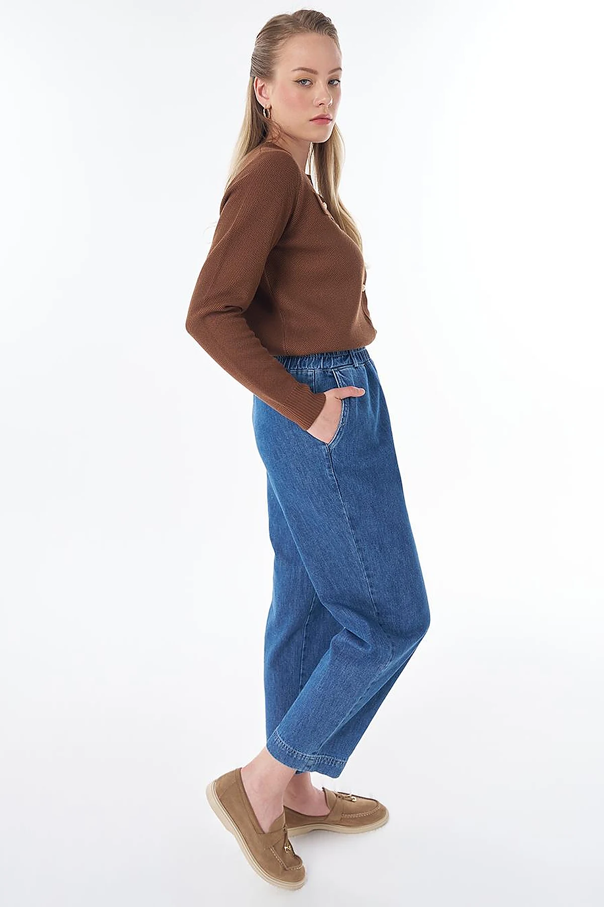 Elastik Bel Denim Pantolon İndigo