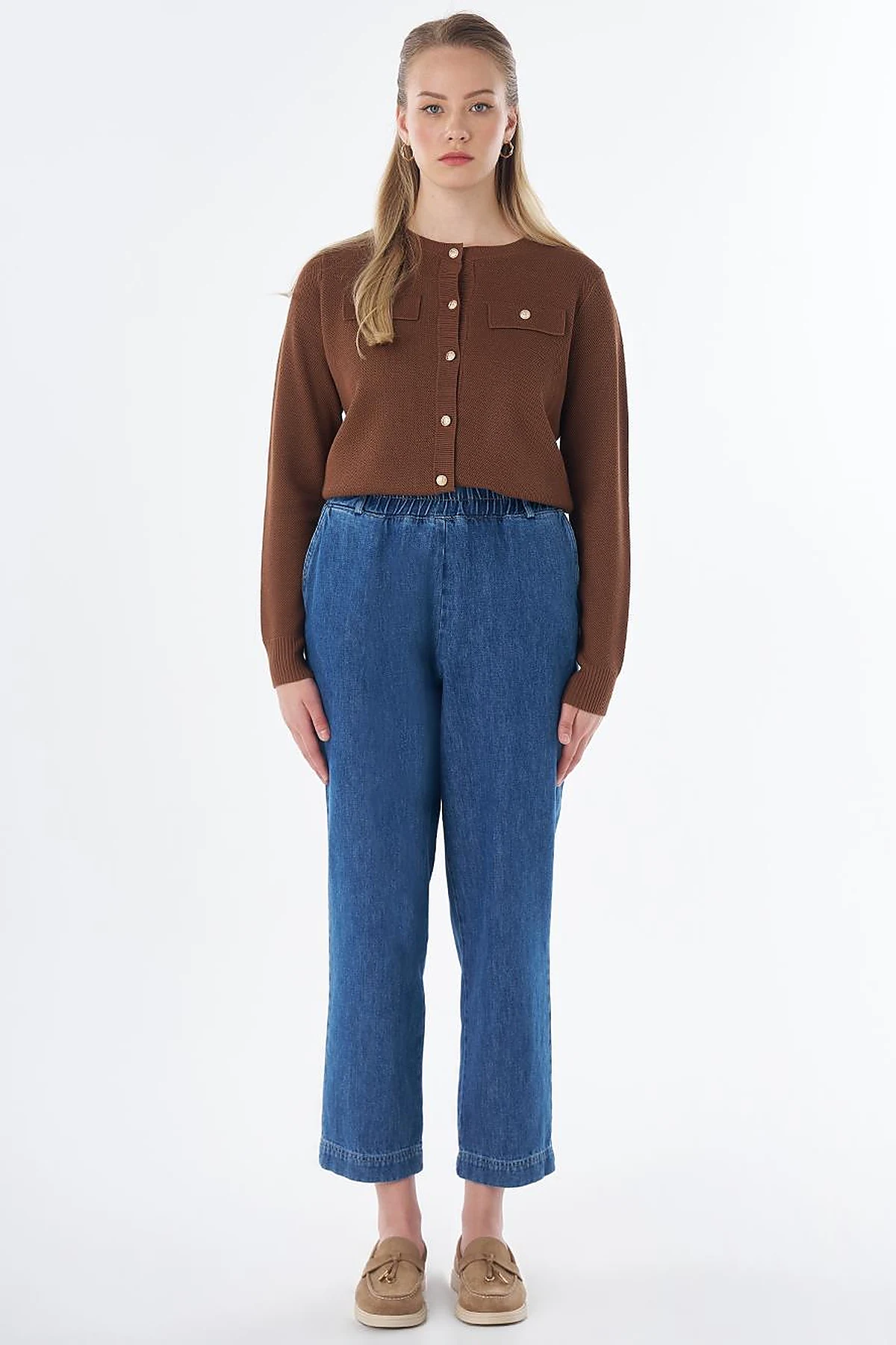 Elastik Bel Denim Pantolon İndigo