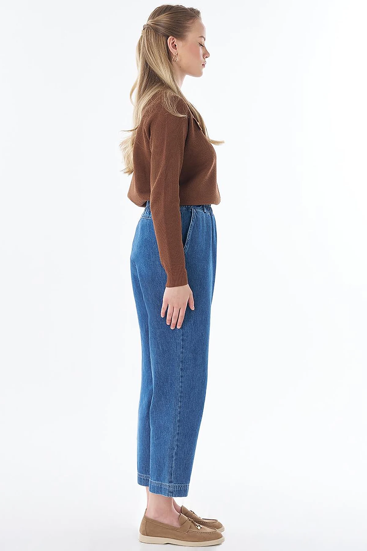 Elastik Bel Denim Pantolon İndigo