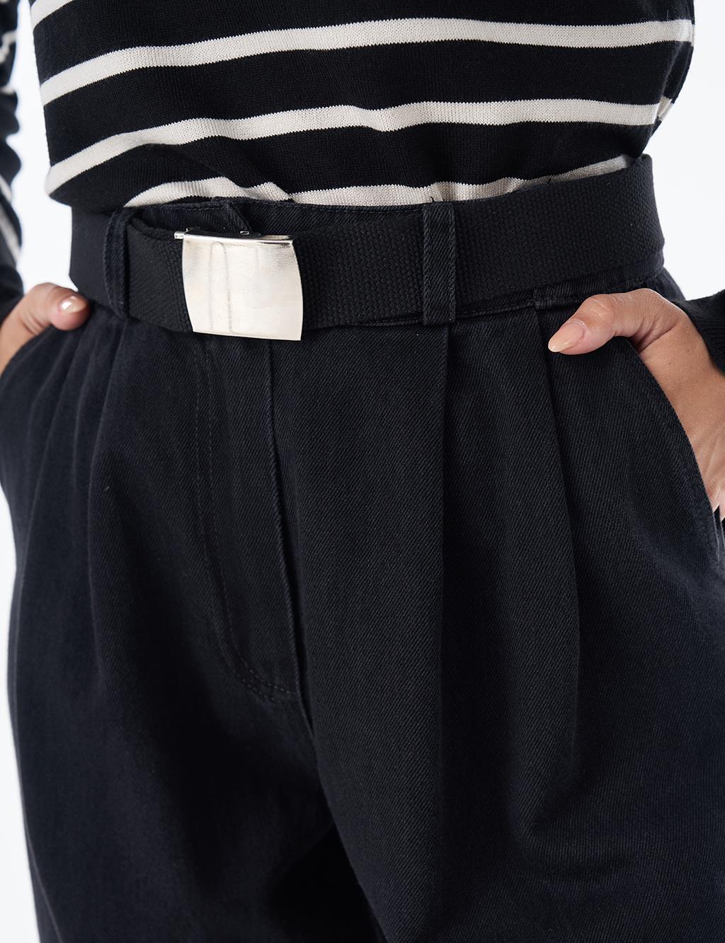 Belt-Detail Denim Pants - Black