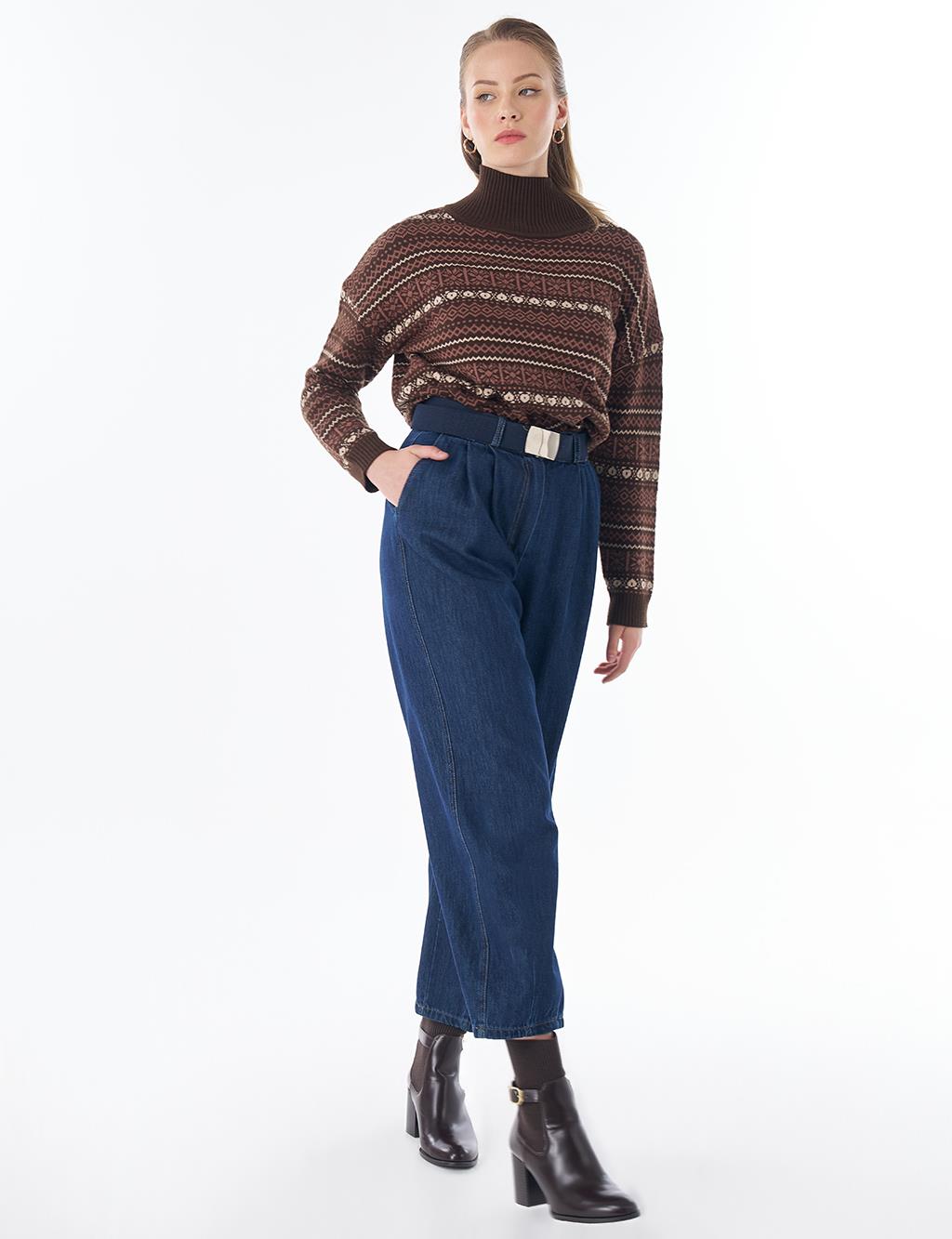 Belt-Detail Denim Pants - Navy