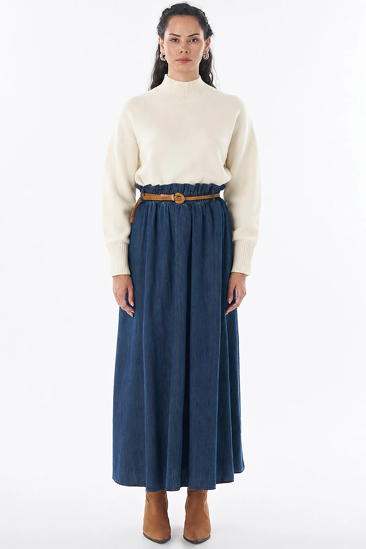 Belt-Detail Denim Skirt - Indigo