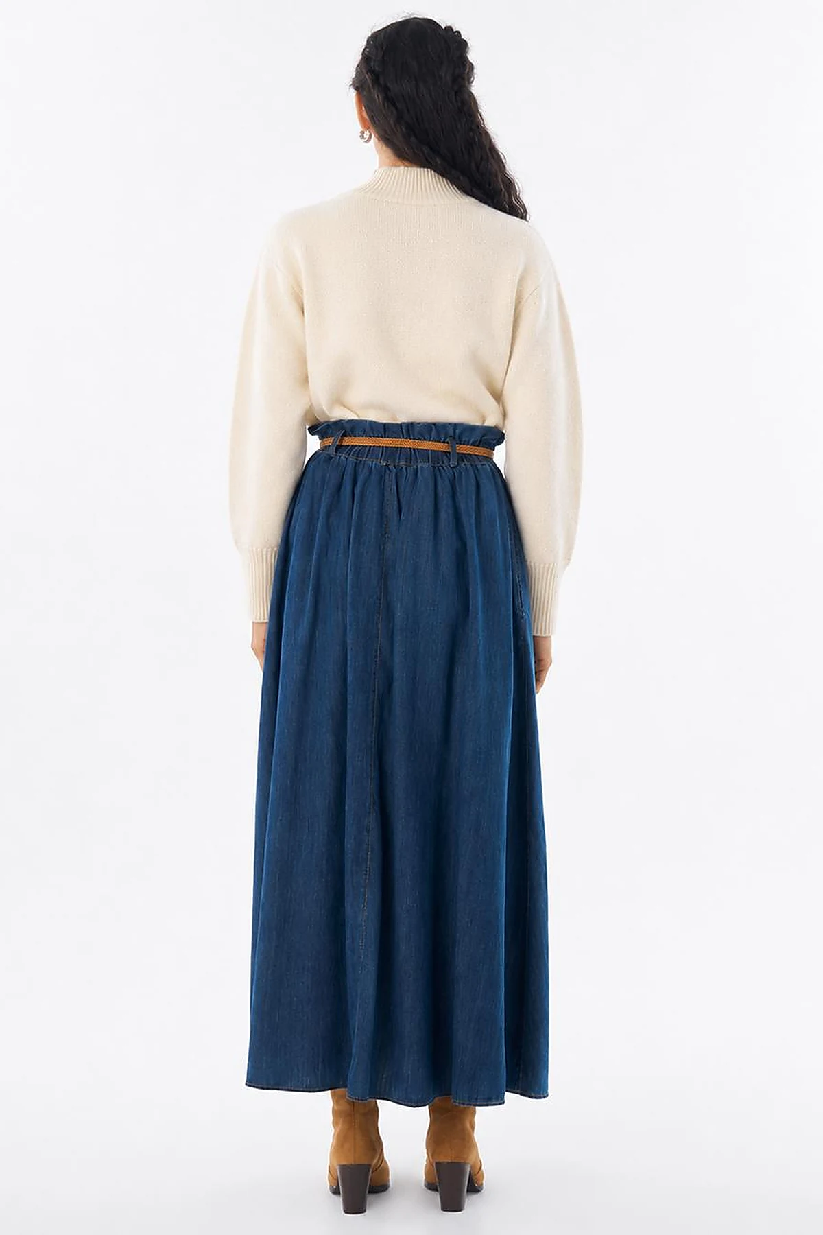 Belt-Detail Denim Skirt - Indigo