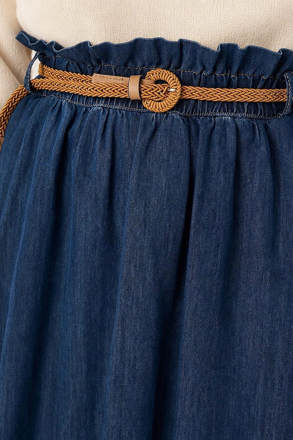 Belt-Detail Denim Skirt - Indigo