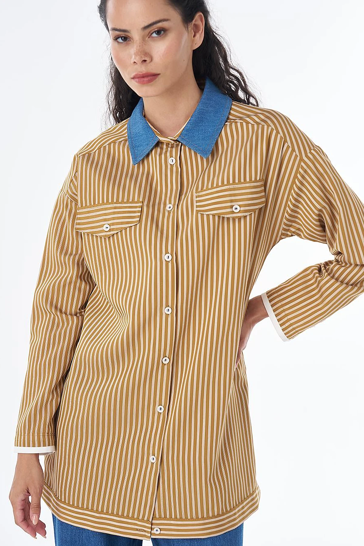 Collar Detail Viscose Tunic – Mustard