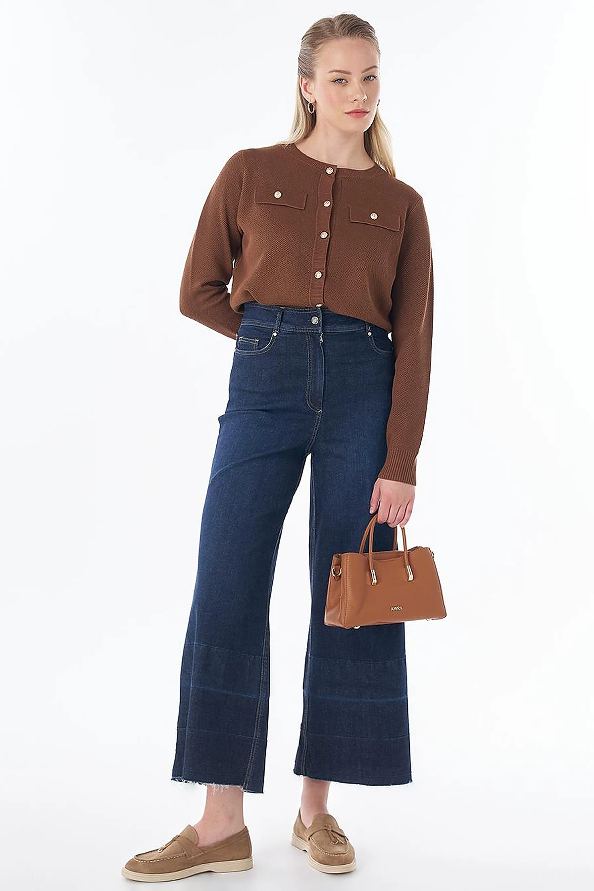 Washed Wide-Leg Denim Pants - Navy