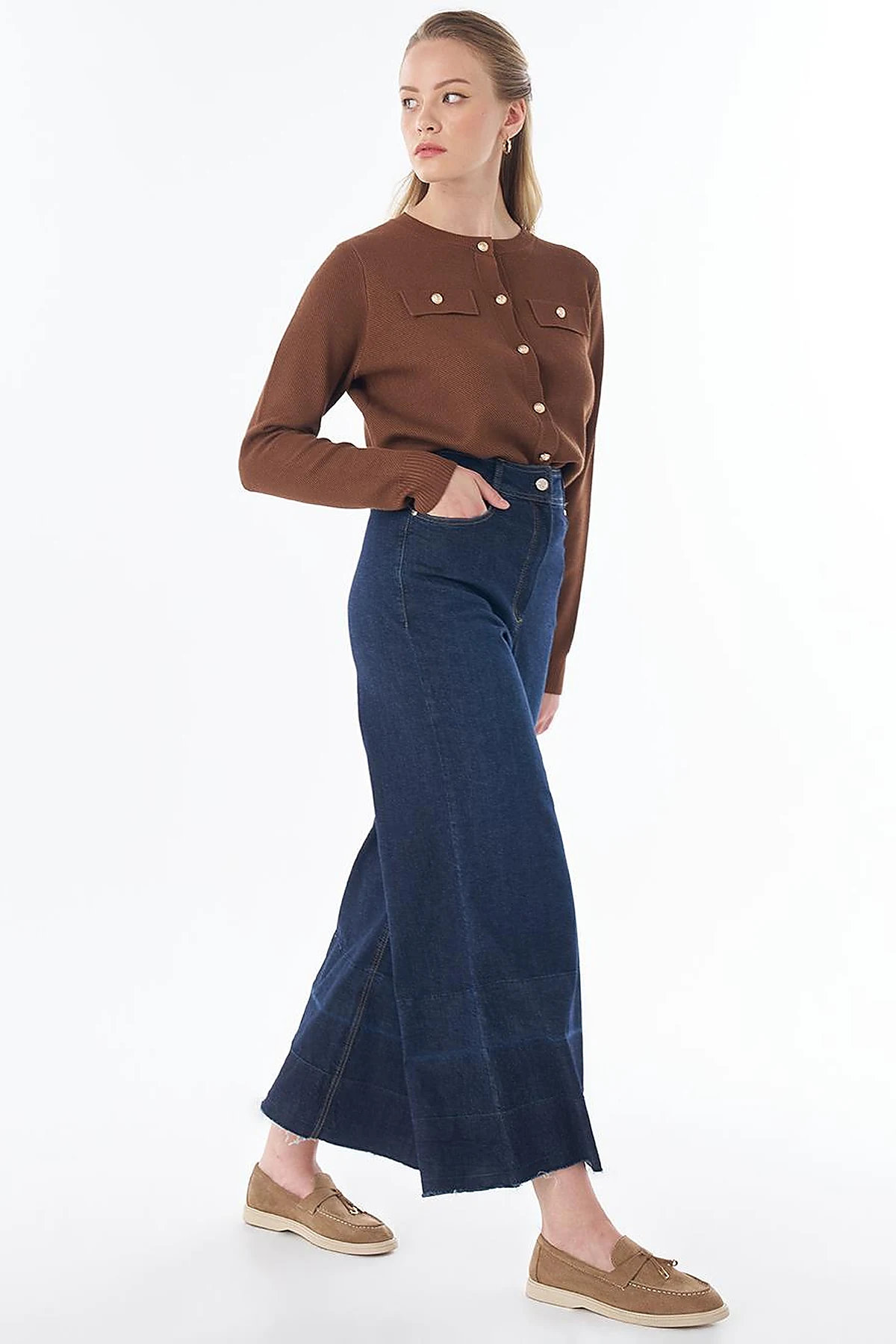 Washed Wide-Leg Denim Pants - Navy
