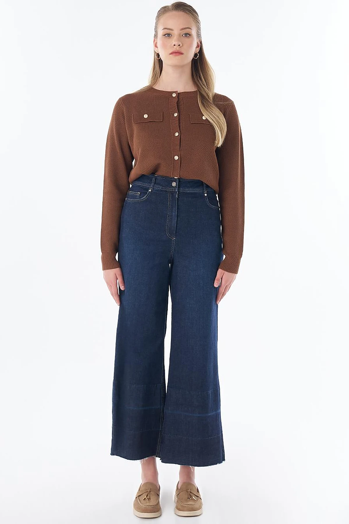 Washed Wide-Leg Denim Pants - Navy
