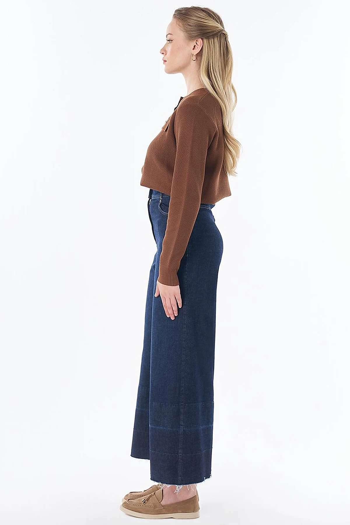 Washed Wide-Leg Denim Pants - Navy