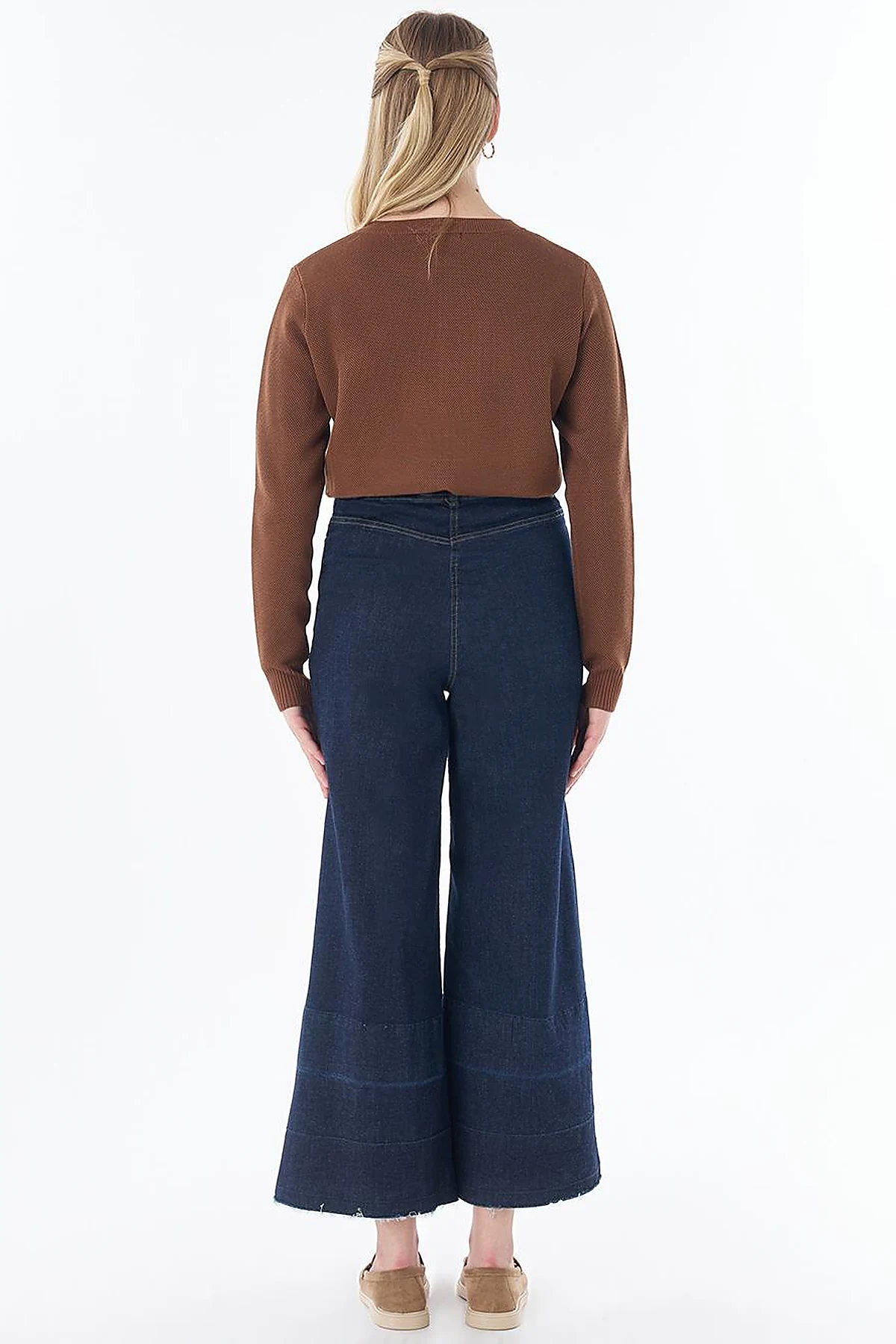 Washed Wide-Leg Denim Pants - Navy